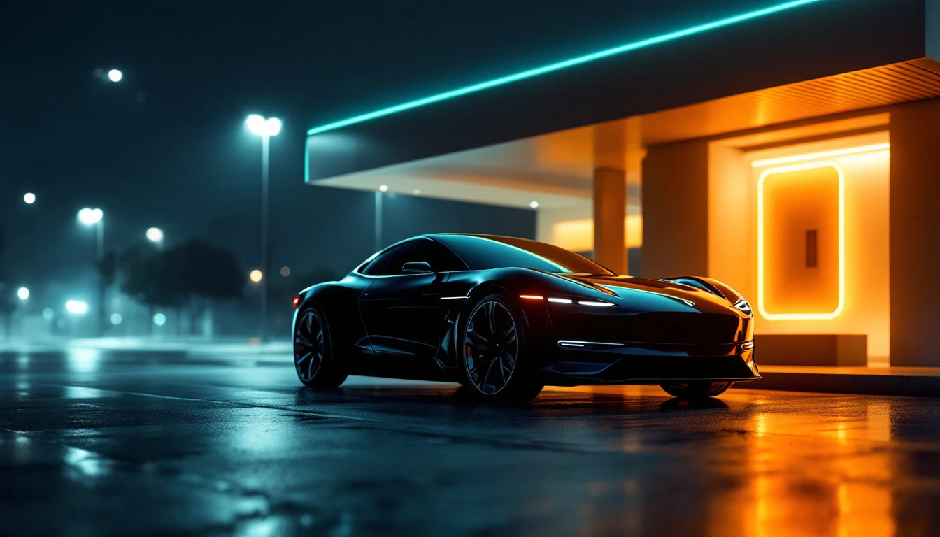 Sleek black elevated electric vehicle parked at modern charging station at night with glowing neon lights