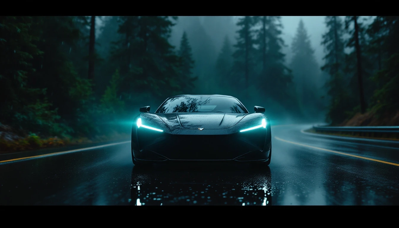 Sleek sports car driving on wet forest road with headlights