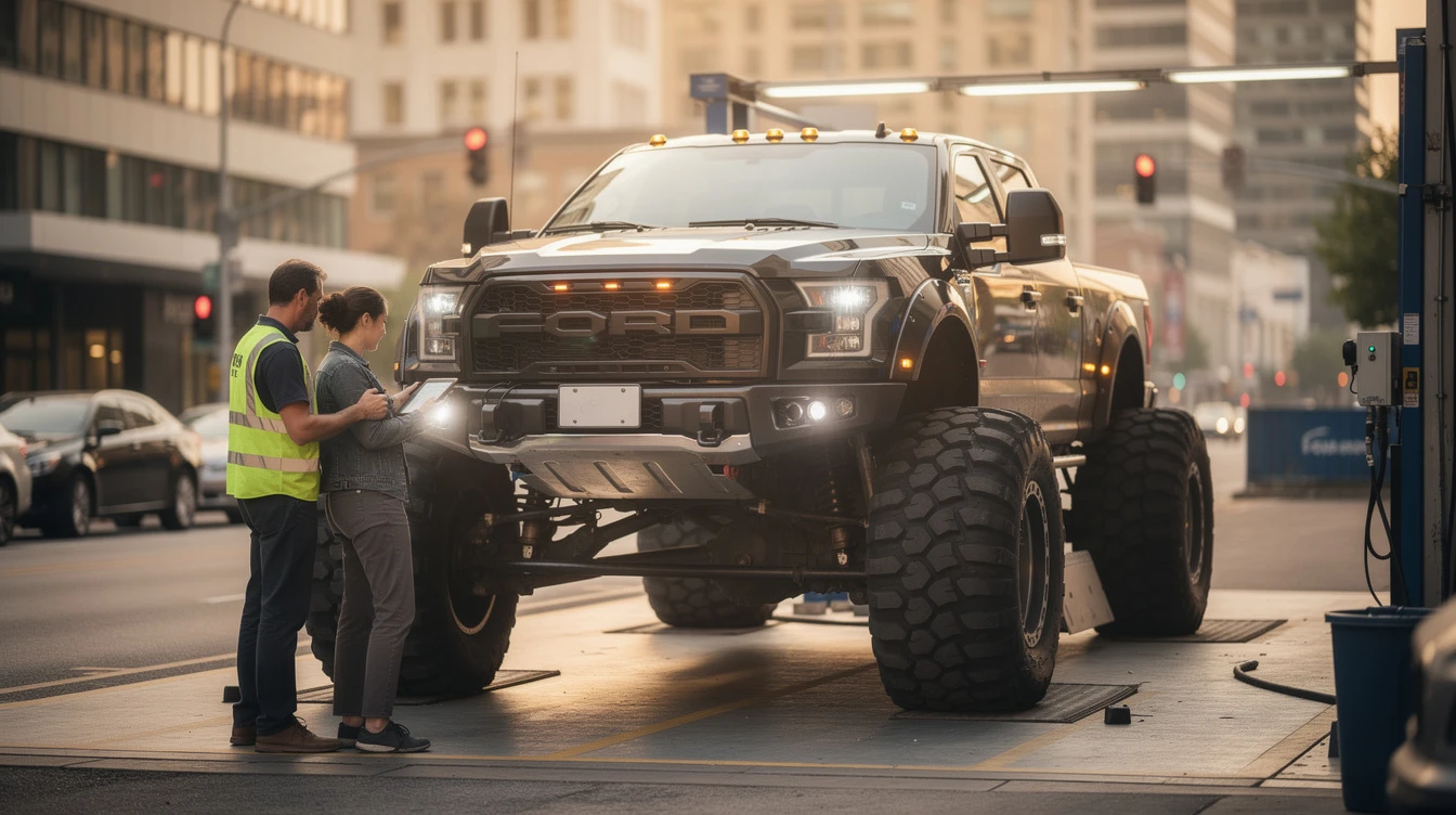 Massive lifted Ford F-150 monster truck undergoing inspection on city street with technician
