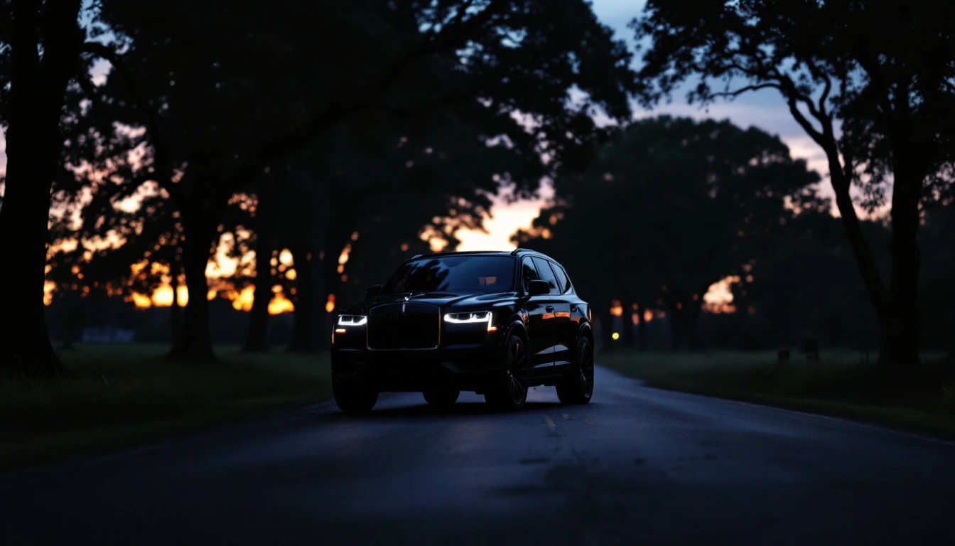 Black SUV driving on tree-lined road at dusk, illustrating safe driving practices under South Carolina traffic laws