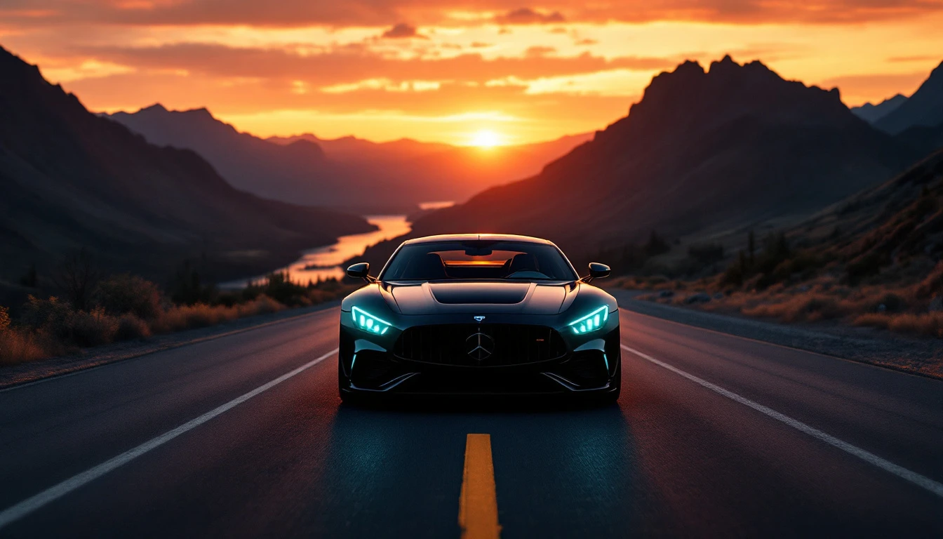 Black sports car driving straight on highway at sunset through mountain valley, illustrating road safety and driving laws
