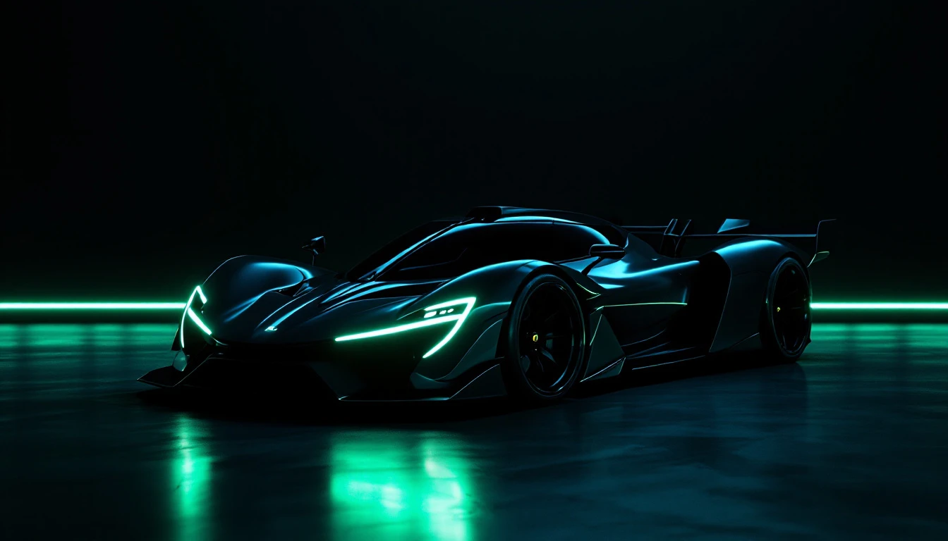 Futuristic electric supercar with neon cyan lighting on dark track showcasing next-generation solid-state battery vehicle