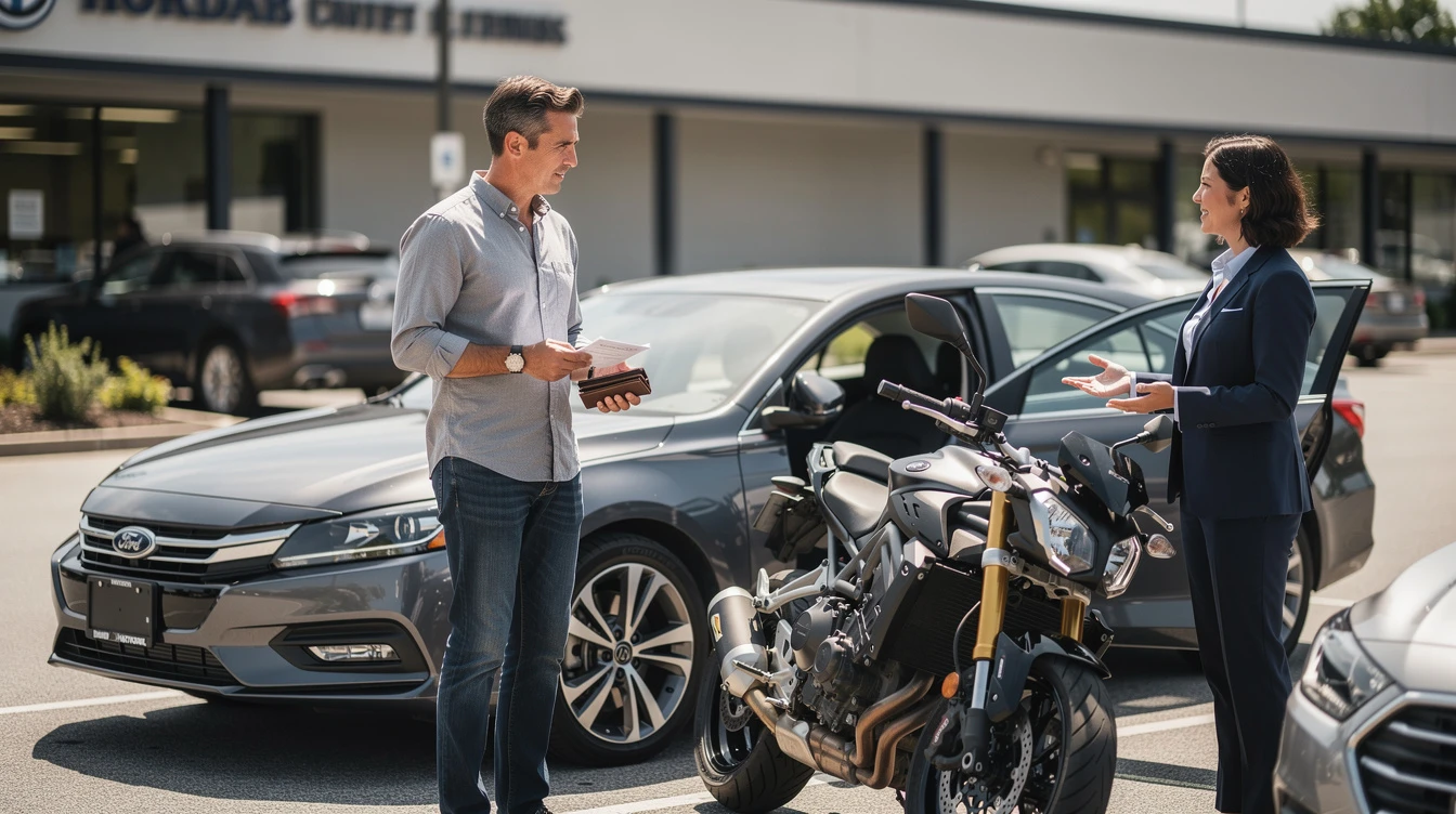 Car insurance agent discussing motorcycle and auto coverage requirements with customer at dealership lot