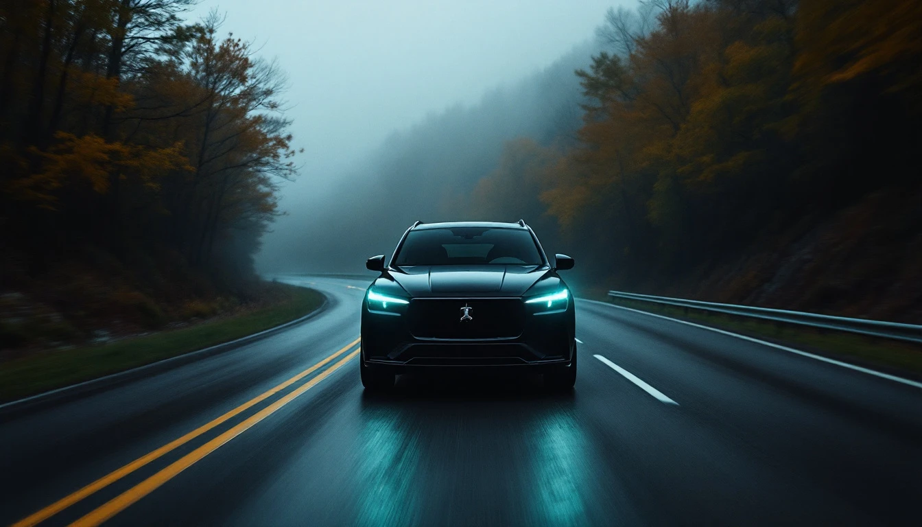 Black elevated SUV driving on wet highway through misty forest landscape during rain
