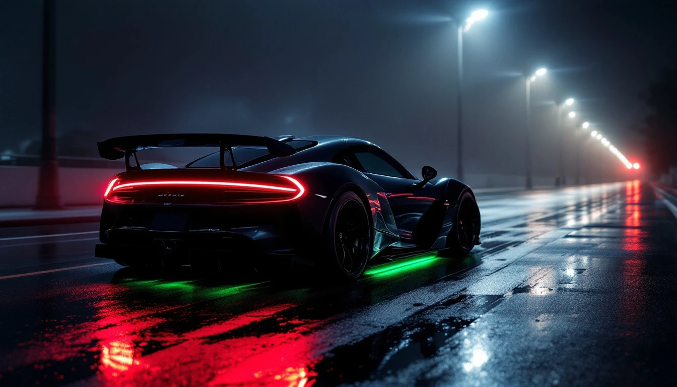 Black sports car with red taillights and green undercarriage glow parked on wet street under streetlights at night