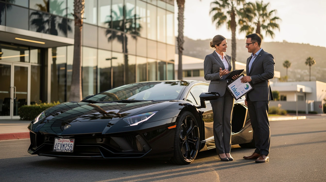 Black Lamborghini Aventador with open door, two business professionals discussing sales tax strategy in California parking