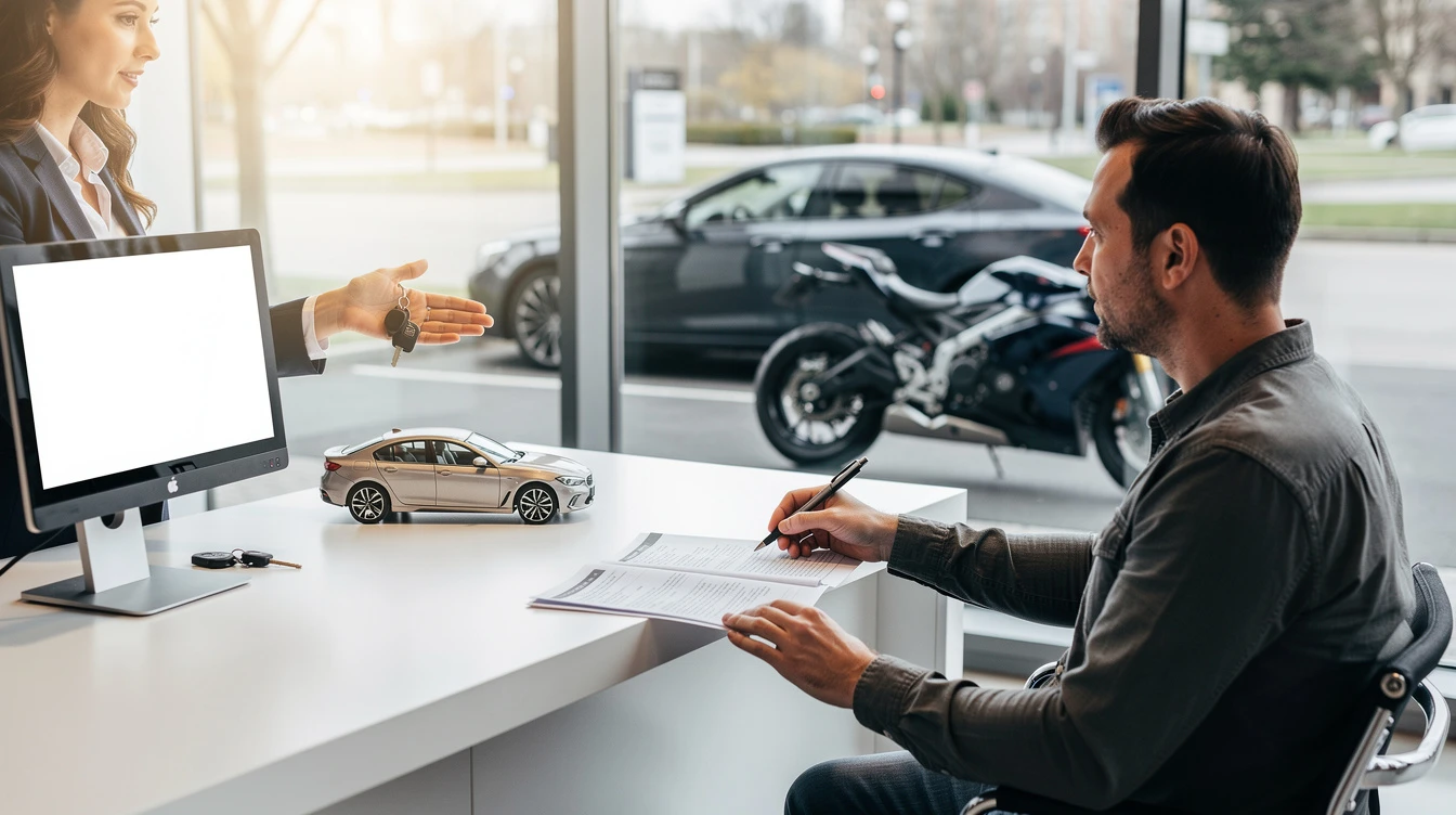 Car salesman handing keys to customer at dealership desk during vehicle registration and insurance documentation process