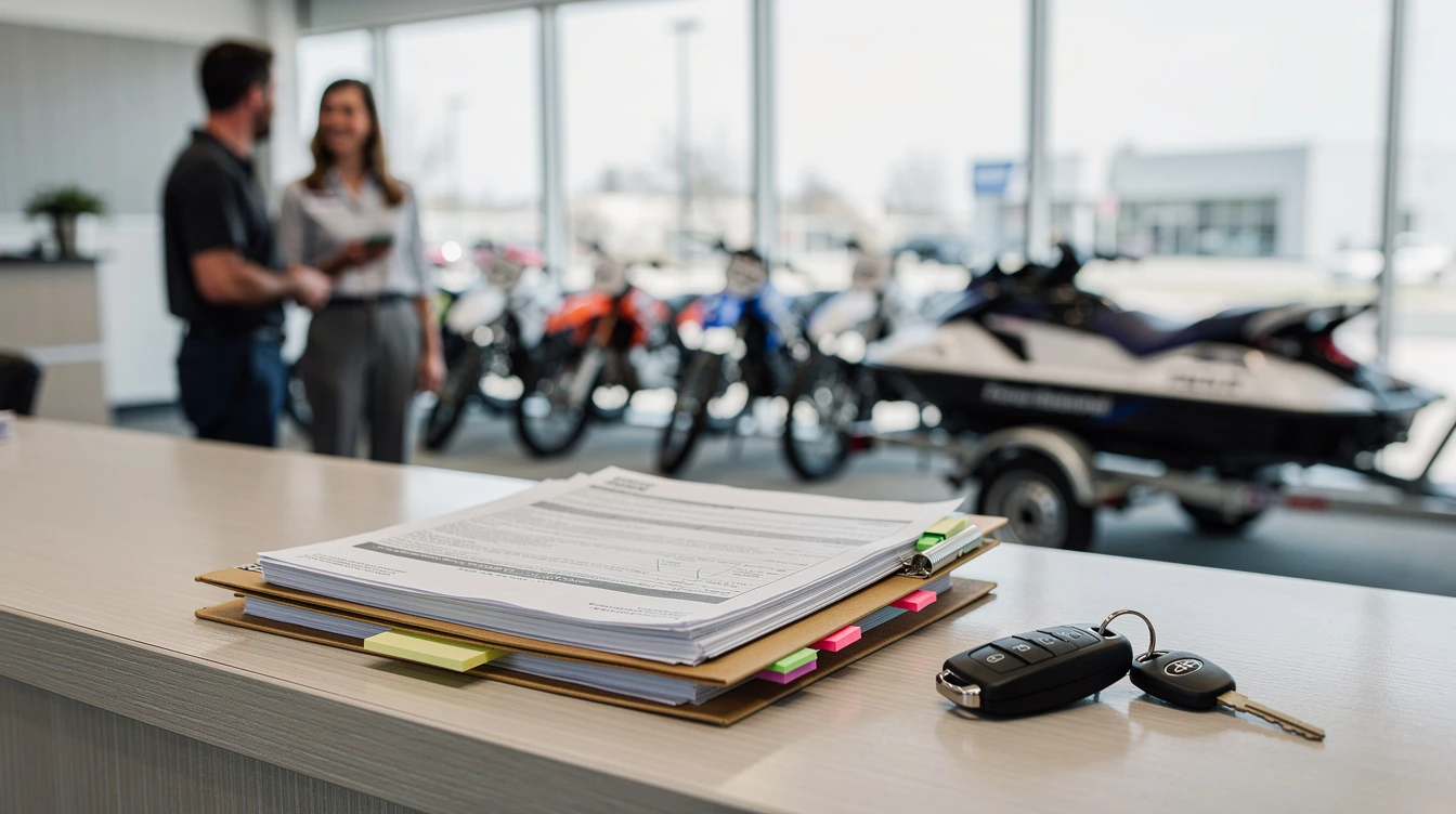 Dealership paperwork and keys on desk with customers viewing jet skis and motorcycles in showroom background