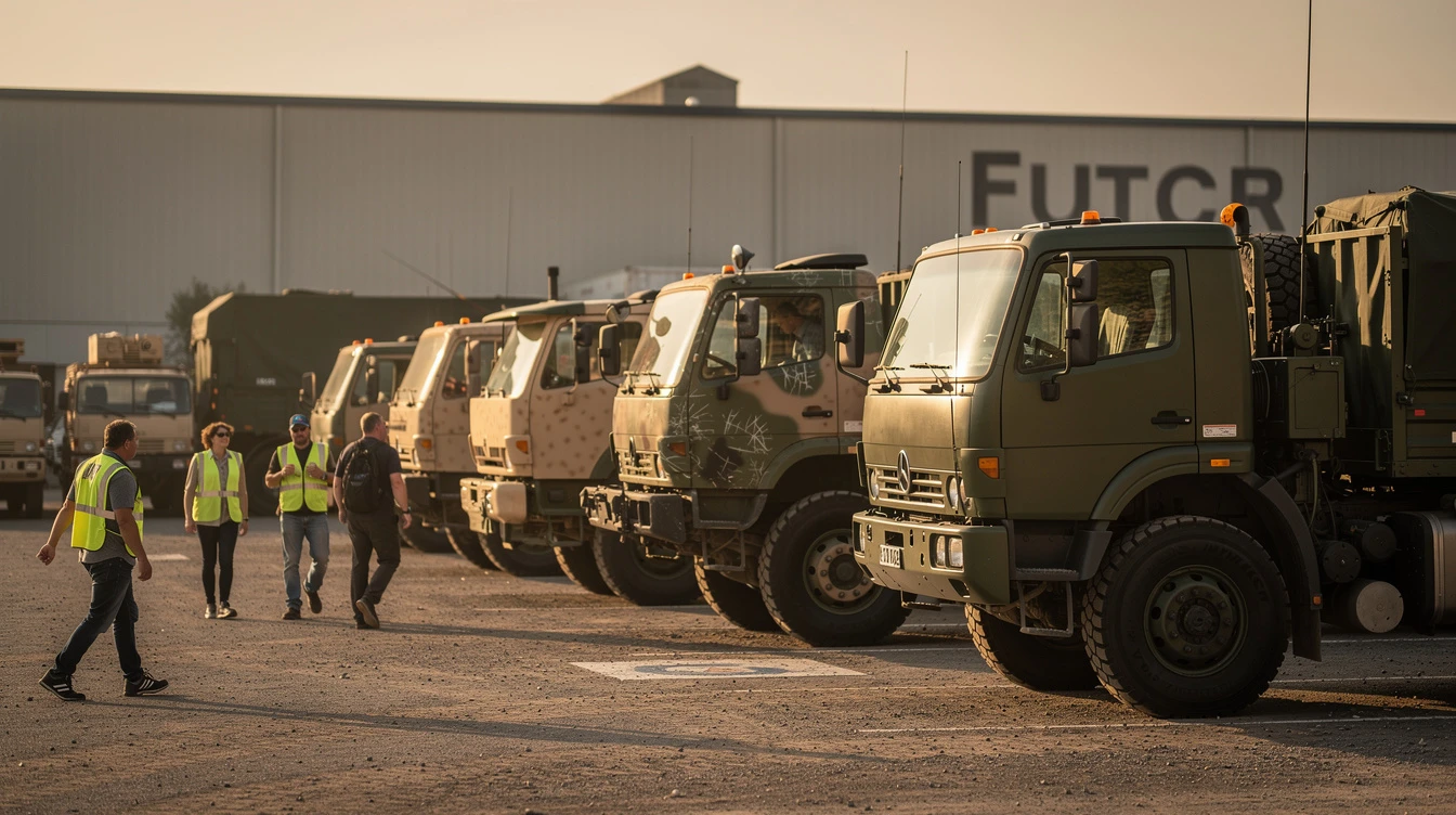 Military trucks lined up in depot yard with workers inspecting surplus vehicles for title recovery and registration