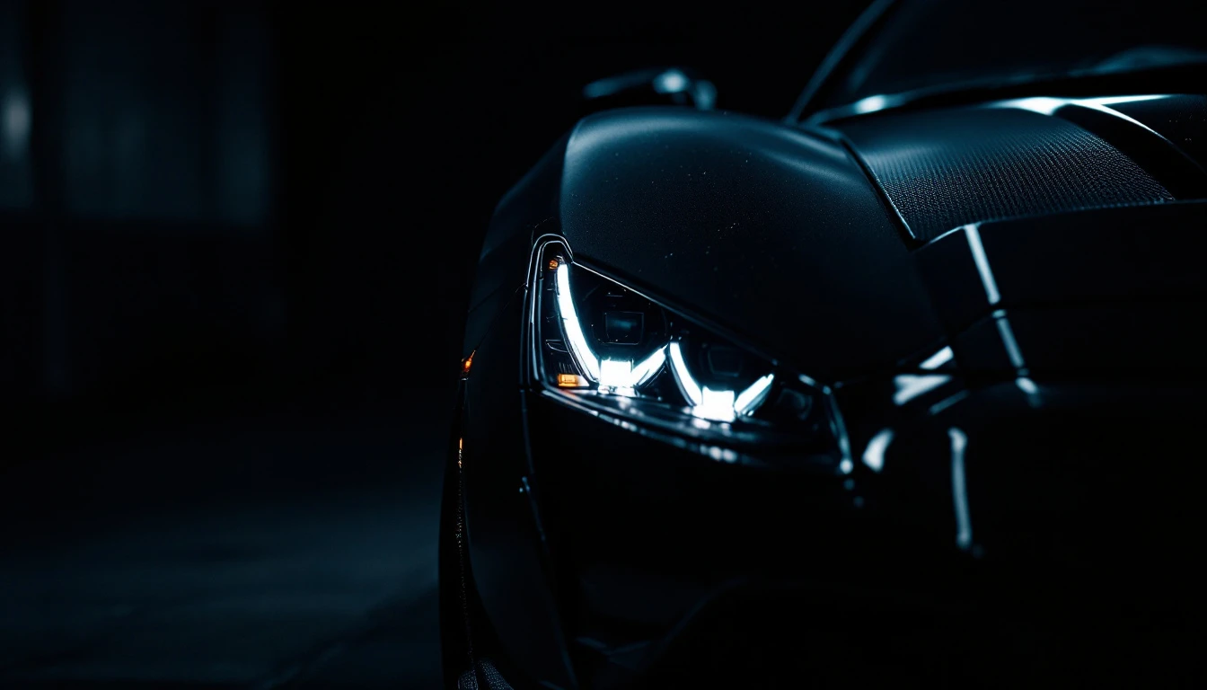 Dark elevated car with illuminated LED headlights at night, representing vehicle inspection and VIN check importance before