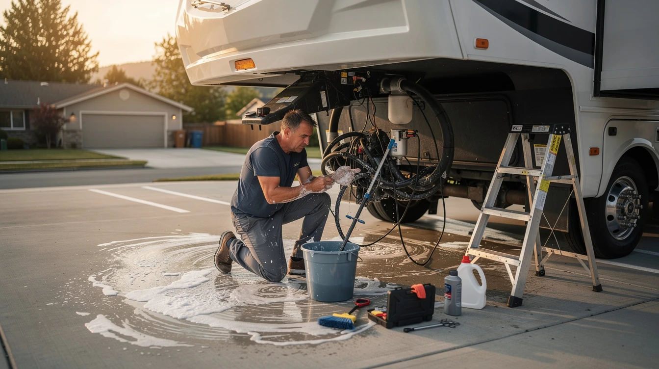Man washing bike under RV awning during routine maintenance in residential driveway