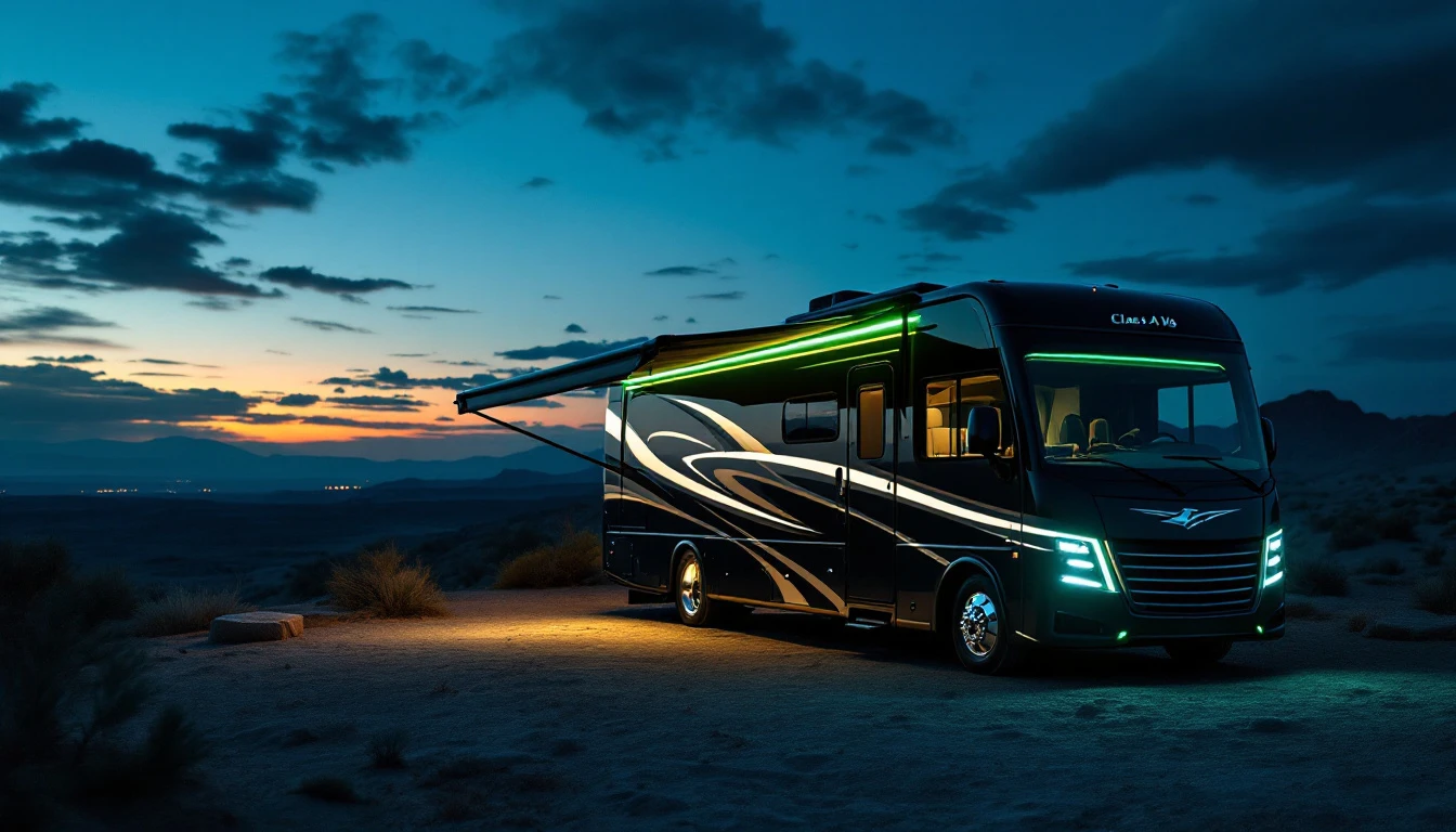 Elevated Class A RV parked at scenic overlook during twilight with awning extended and ambient lighting illuminated