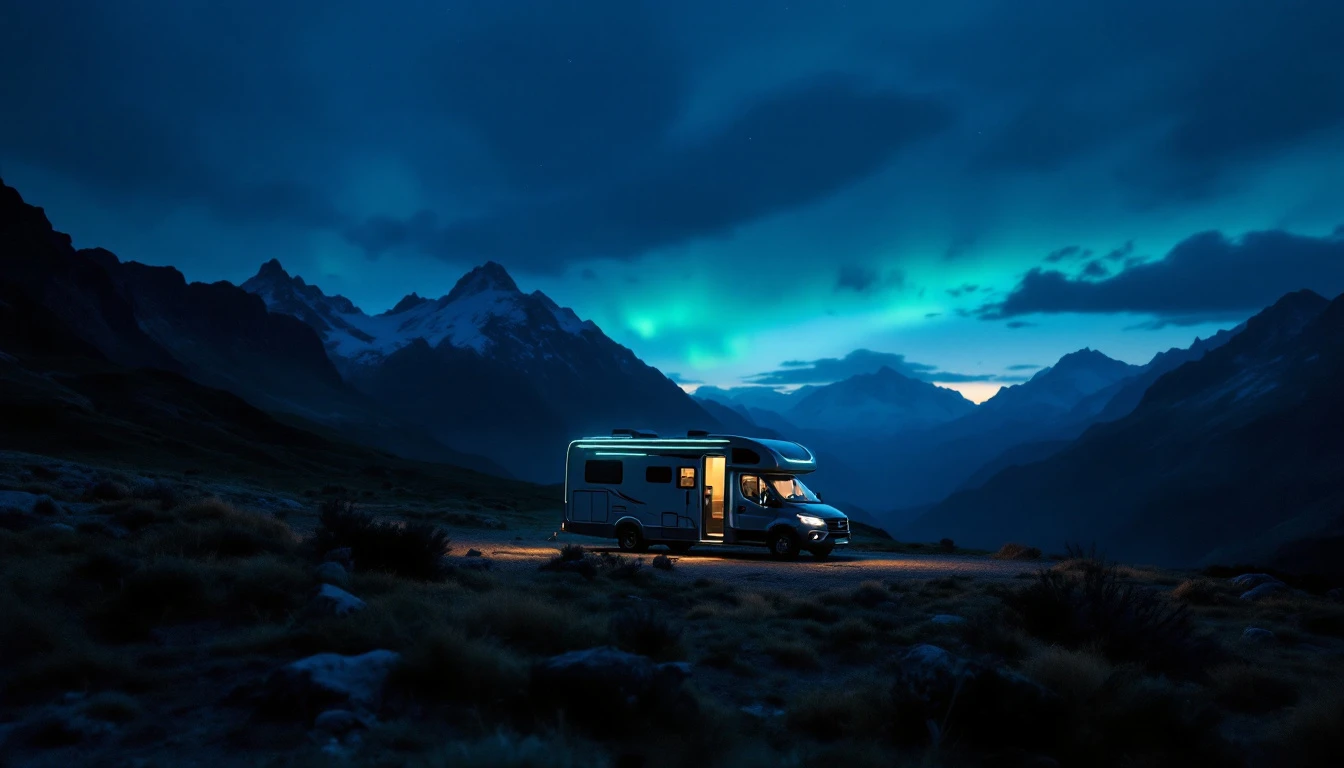 Illuminated RV camper parked in mountain valley at twilight, showcasing modern recreational vehicle innovation
