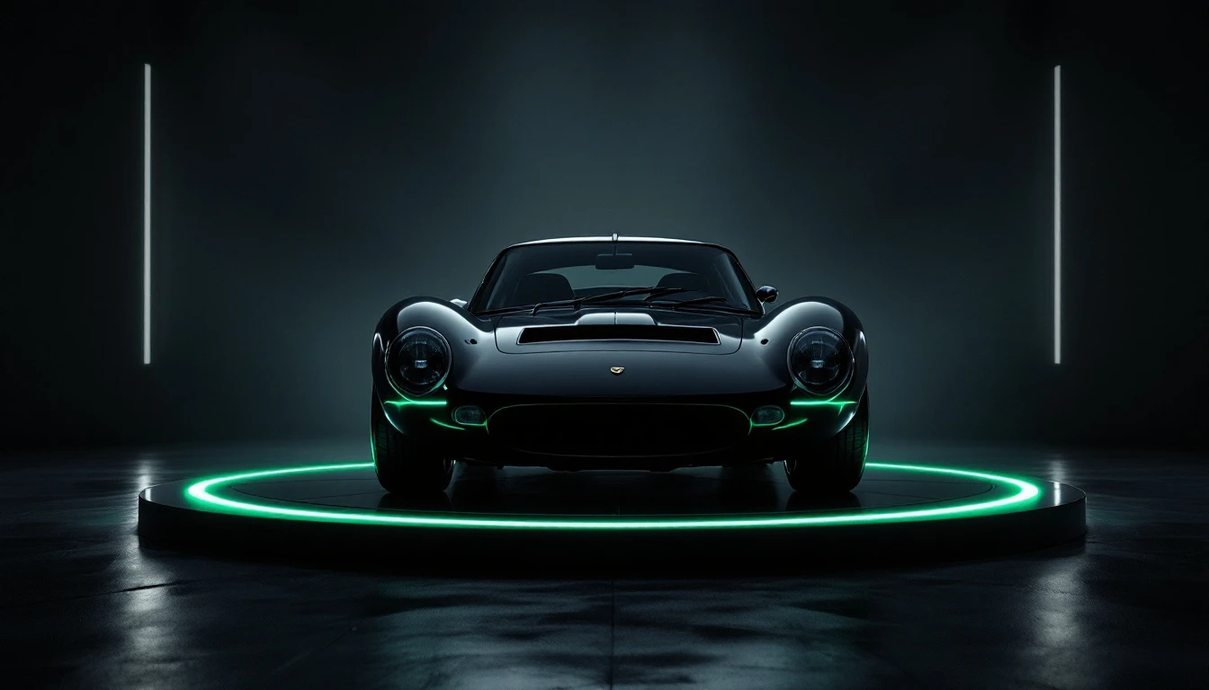 Futuristic sports car with glowing green neon undercarriage lights in dark showroom, custom celebrity vehicle design.