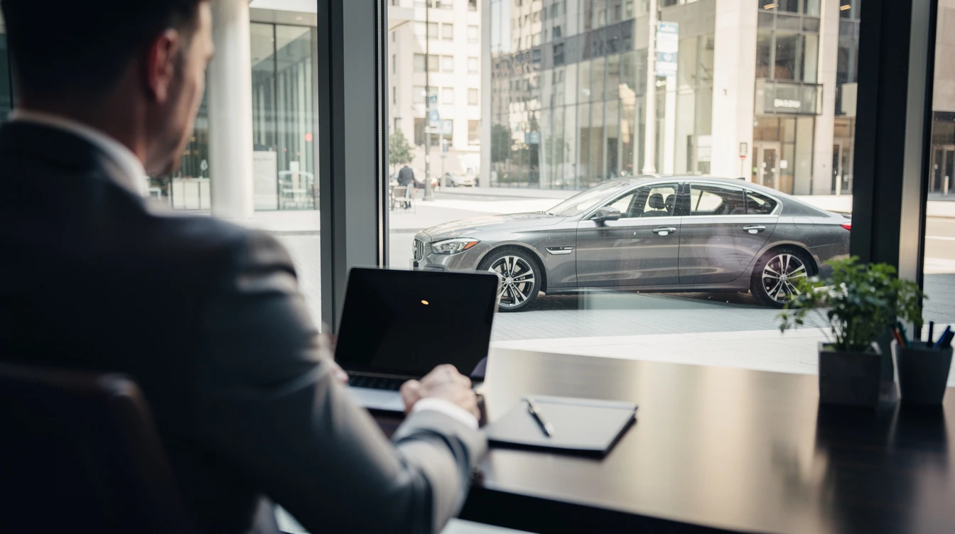 Businessman with laptop viewing elevated sedan in modern showroom