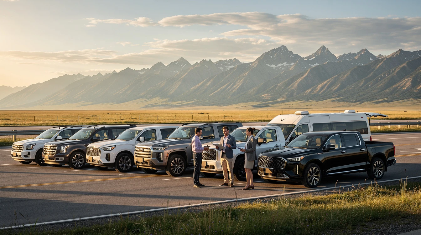 Elevated vehicles lined up at Montana dealership showcasing fleet savings strategy for buyers using LLC cost reduction