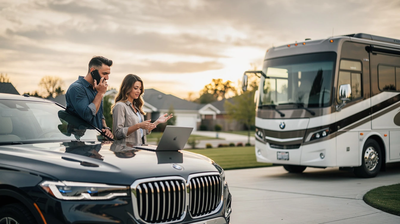 Couple reviews RV purchase details on laptop beside elevated vehicle with motorhome in residential driveway background