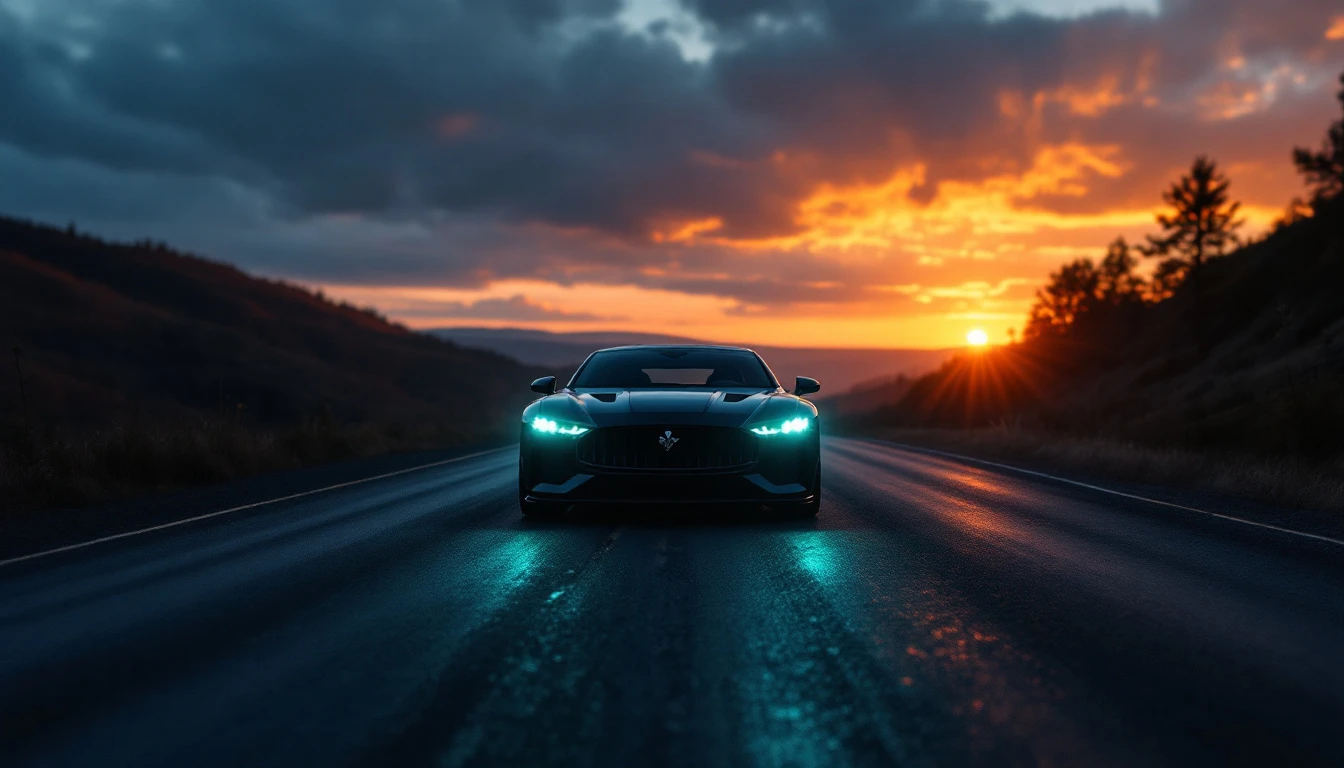 Dark sports car driving on highway at sunset with headlights on, illustrating Missouri road safety and driving laws.