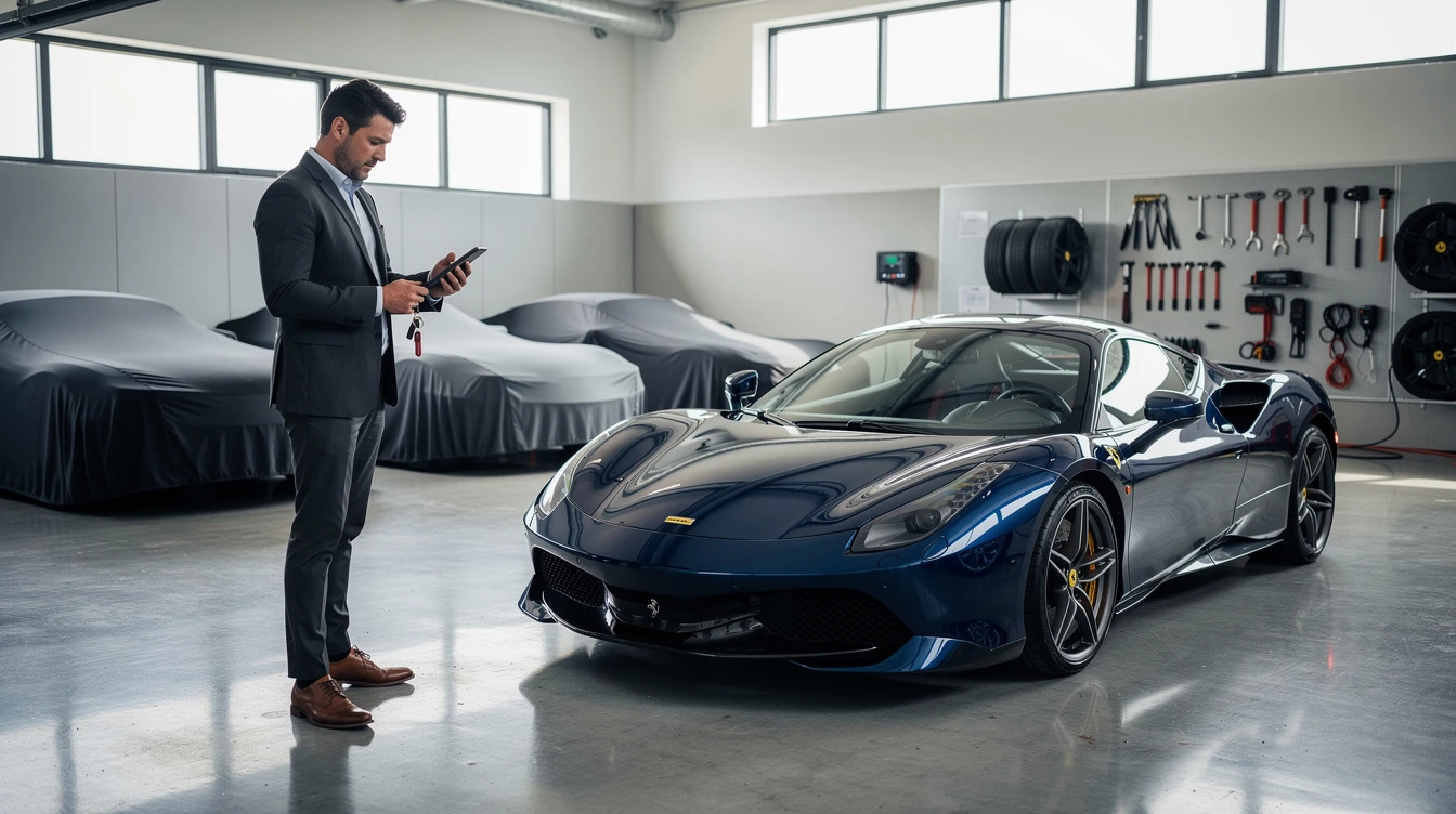 Professional detailing technician maintaining elevated sports car in showroom to preserve exotic vehicle value