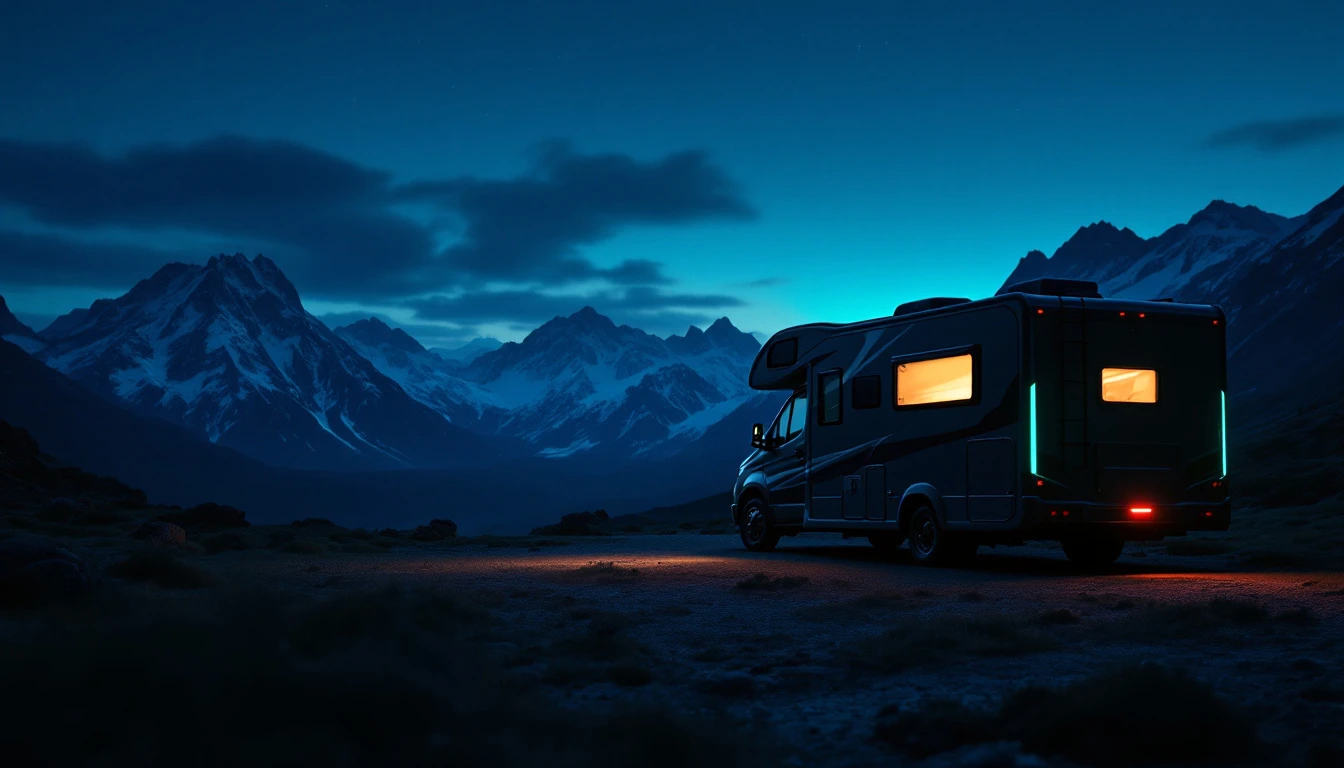 Modern RV parked under starlit mountains at dusk with glowing interior lights