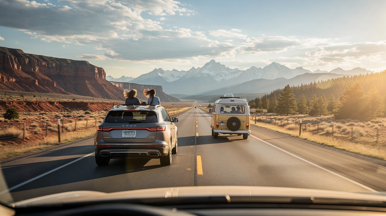 Cars driving on scenic highway toward mountains during USA cross-country road trip adventure through desert landscape
