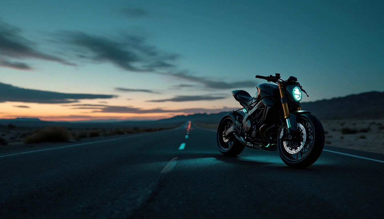 Motorcycle and sports car parked at night with glowing lights for Father's Day celebration with biker dad