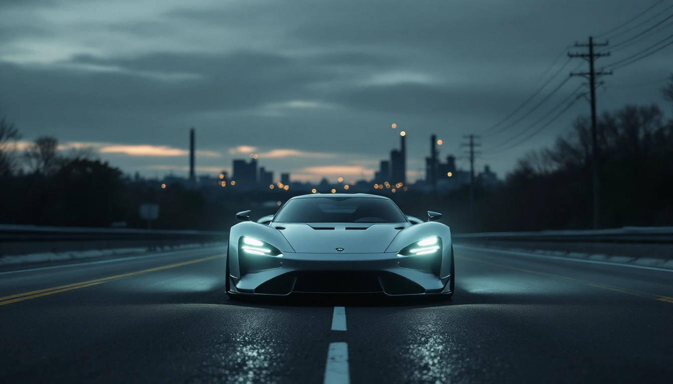 Futuristic sports car driving on wet highway at dusk with city skyline