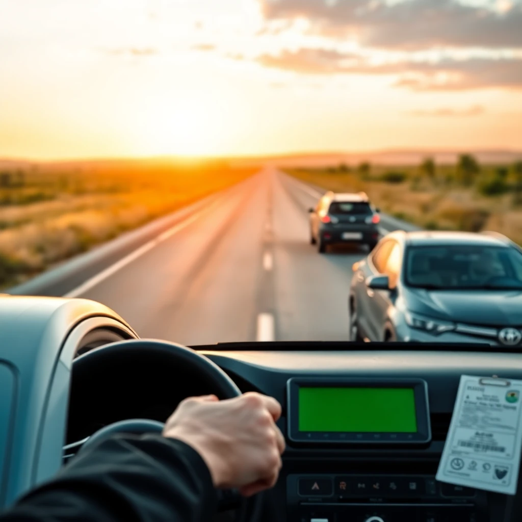 Driver on highway at sunset holding registration documents with vehicle dashboard visible and cars ahead on road