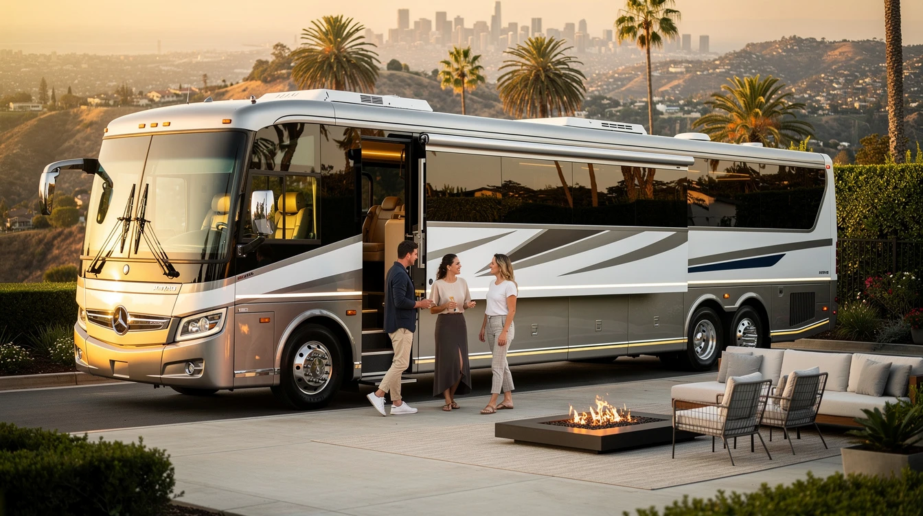 Elevated motorhome parked in Hollywood hills with people gathered outside