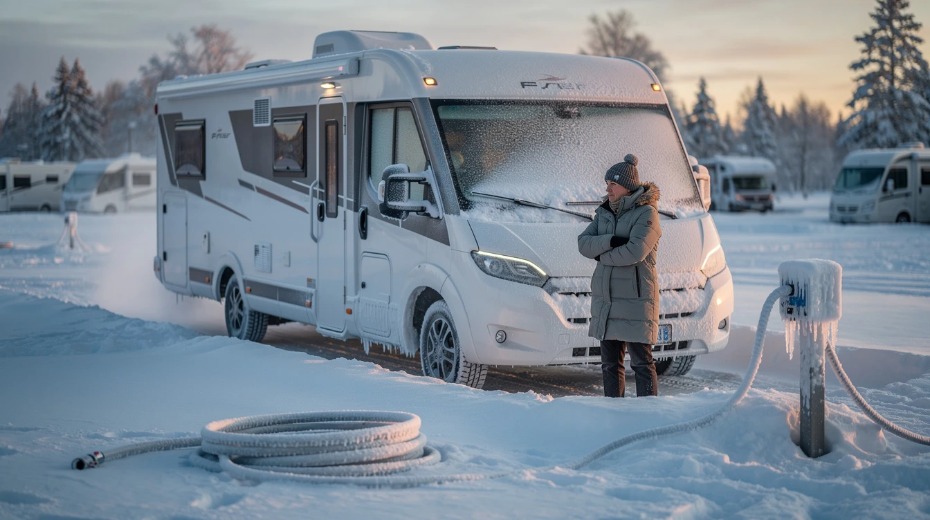 Woman winterizing frozen RV in snowy campground during cold weather season