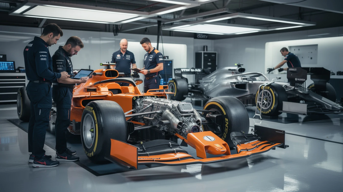McLaren Formula 1 team inspects orange race car with Mercedes engine in modern garage workshop facility