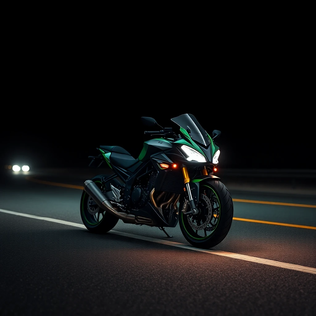 Modern sport bike with green and black design riding on night highway with headlights illuminated for Labor Day weekend ride