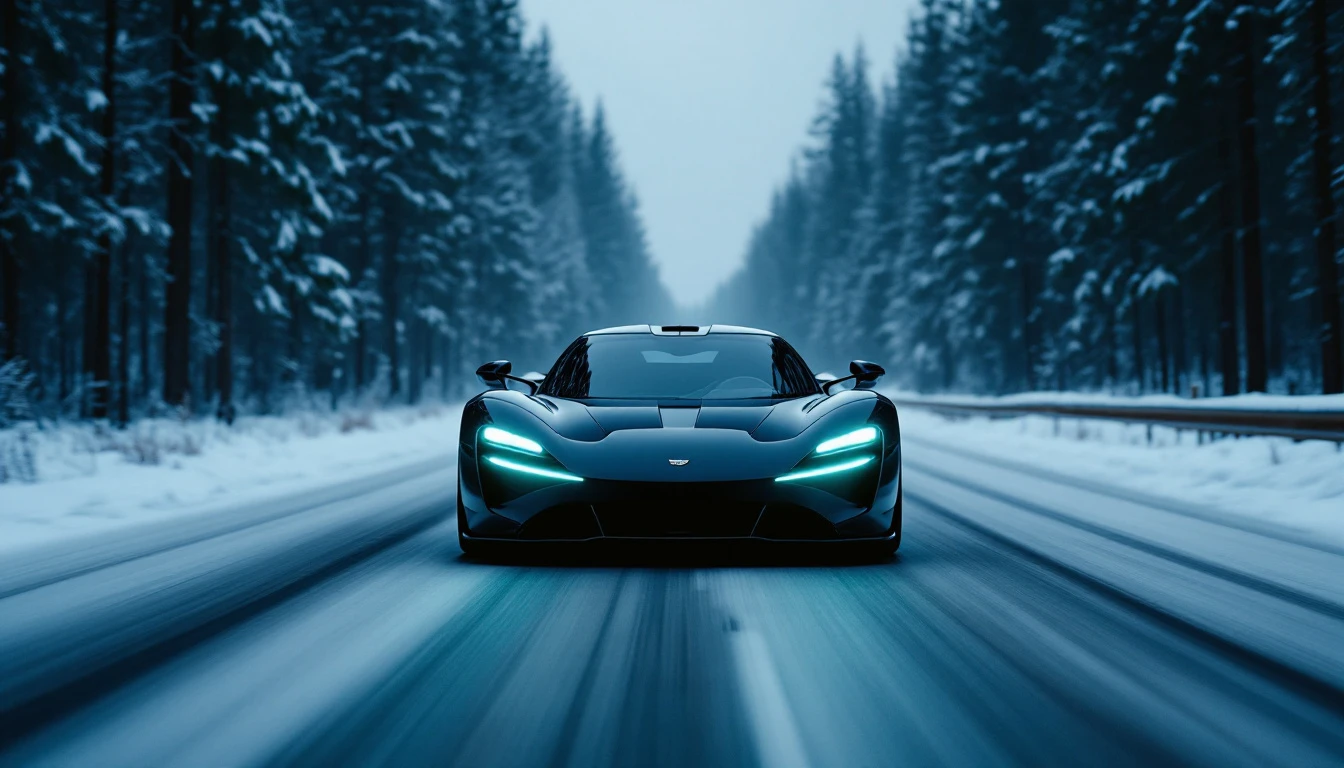 Sleek sports car driving down snowy winter road lined with evergreen trees, symbolizing vehicle investment.