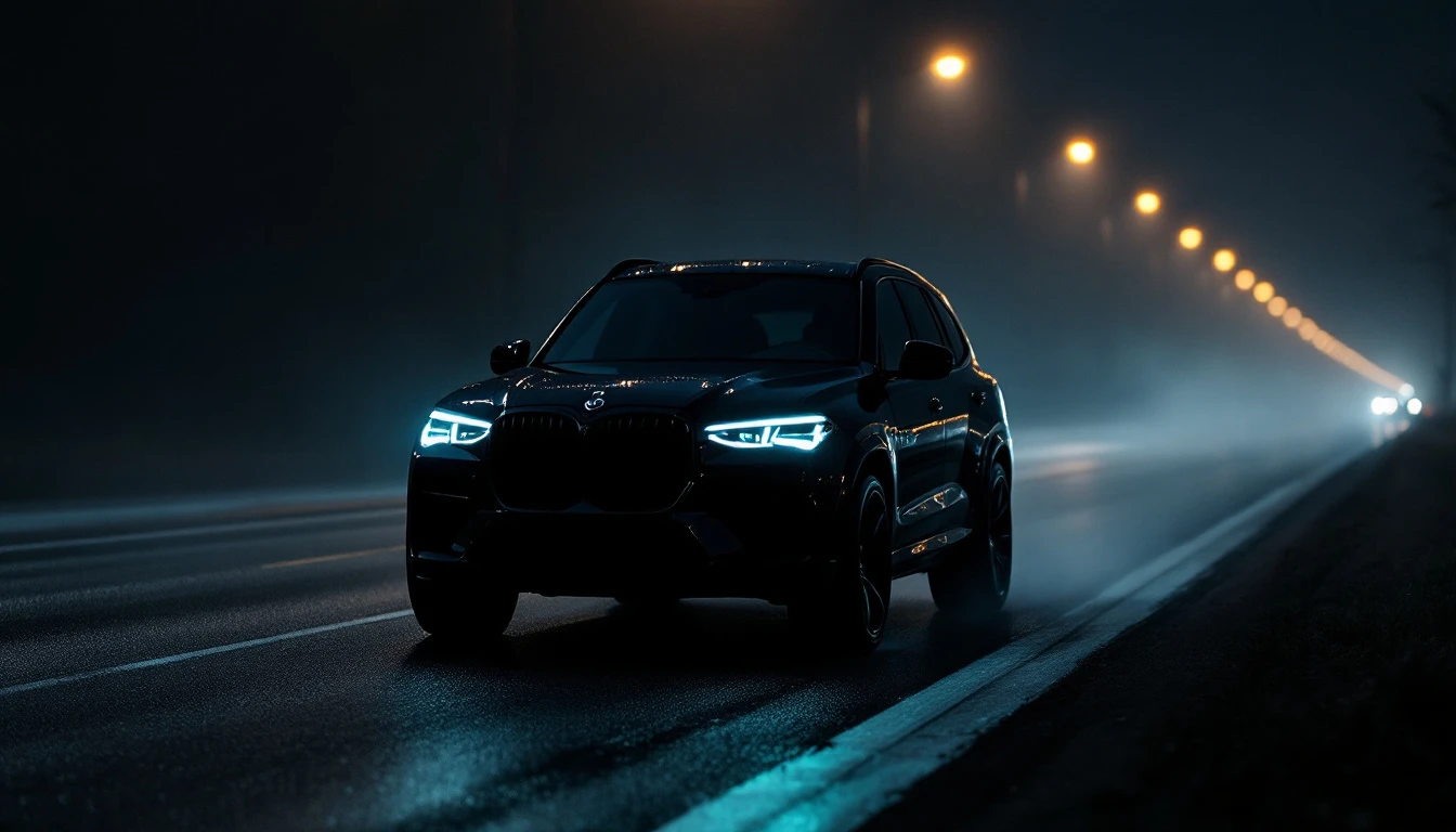 Black SUV driving on highway at night with illuminated headlights and street lamps