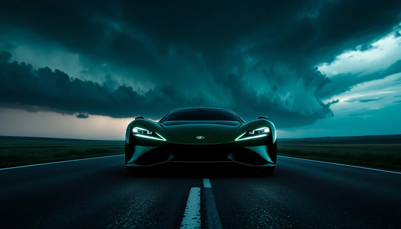 Sleek sports car driving on highway under dramatic stormy sky, representing road safety and driving laws compliance