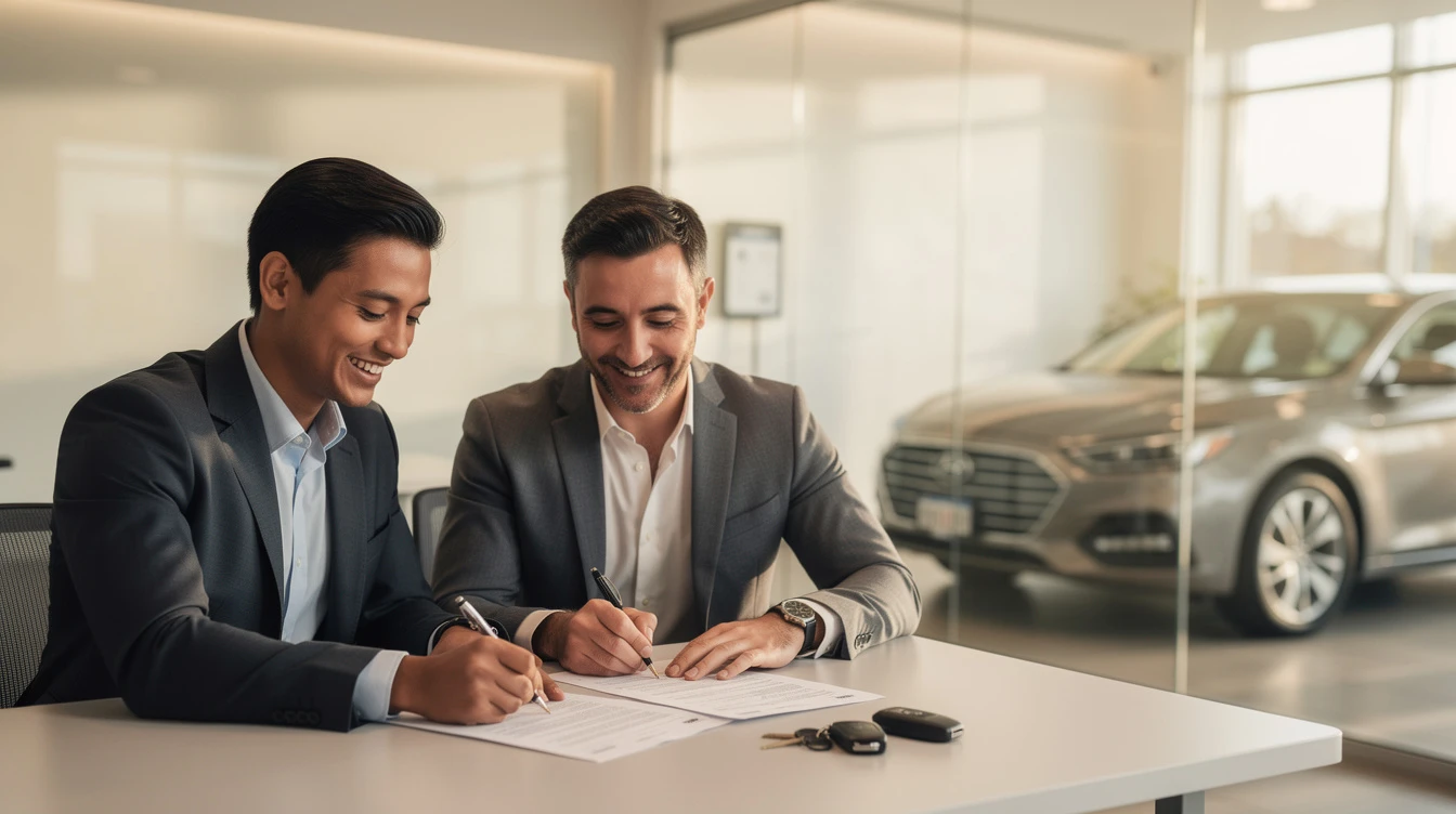 Two car salesmen sign title transfer documents at dealership desk with vehicles visible in background showroom.
