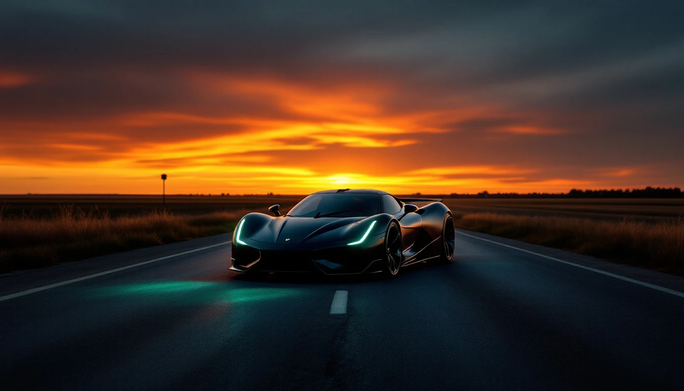 Sleek sports car driving on empty highway at sunset, representing safe driving practices and road laws