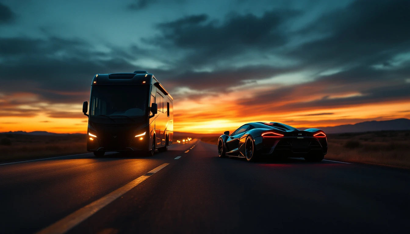 Elevated sports car and motorhome driving together on highway at sunset