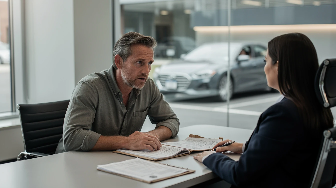 Salesman discussing car title documentation with customer at dealership showroom with vehicles visible outside.