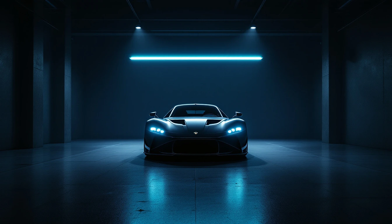 Sleek black Ferrari F8 supercar illuminated by blue neon lights in modern garage setting