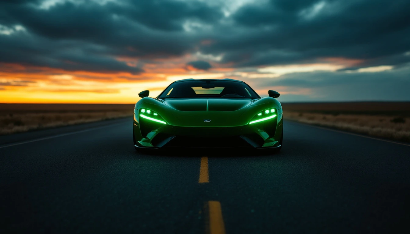Green sports car driving on highway at sunset, illustrating North Dakota road safety and driving regulations.