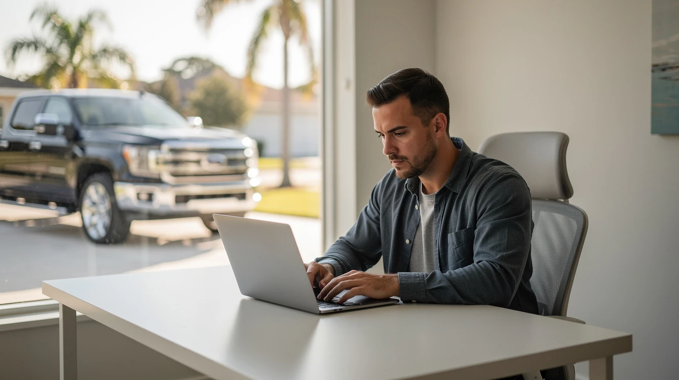 Man registering truck online using laptop in dealership office with vehicles visible outside