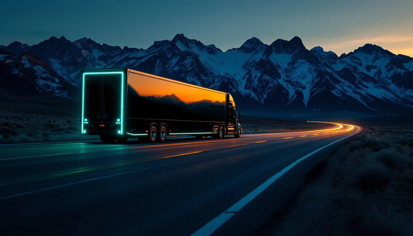 Modern elevated semi truck with neon green trailer lights driving mountain highway at night with light trails