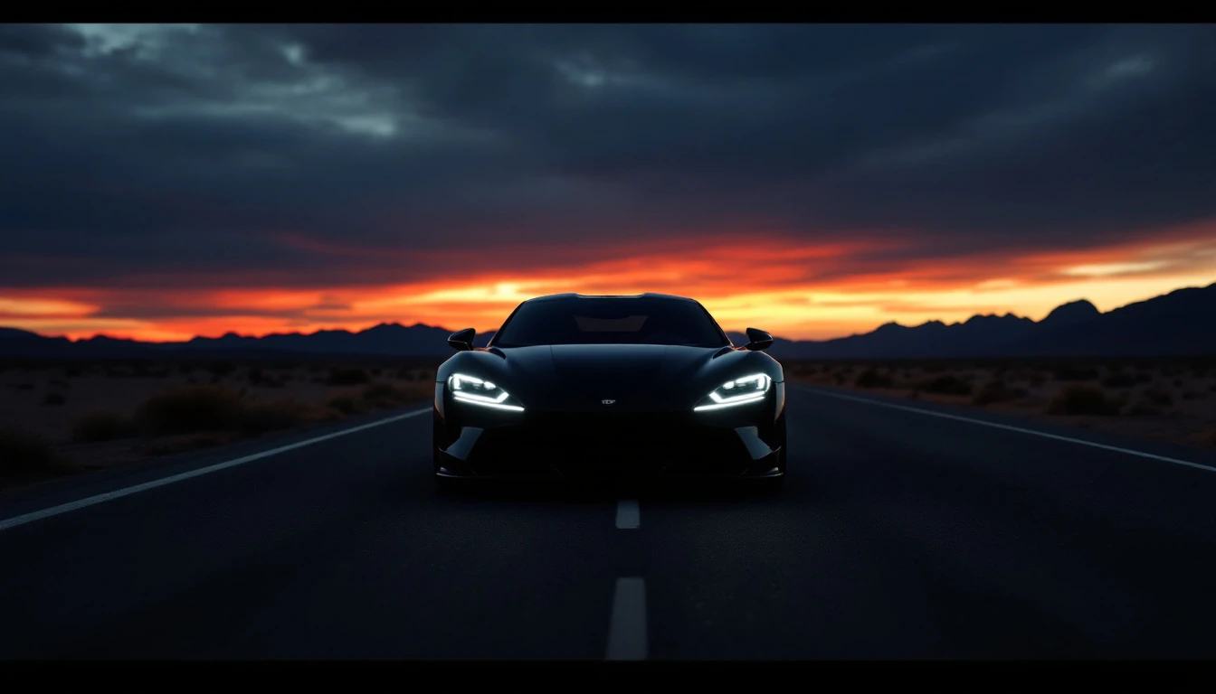 Sports car with headlights on driving desert highway at sunset, representing vehicle purchase and road compliance topics