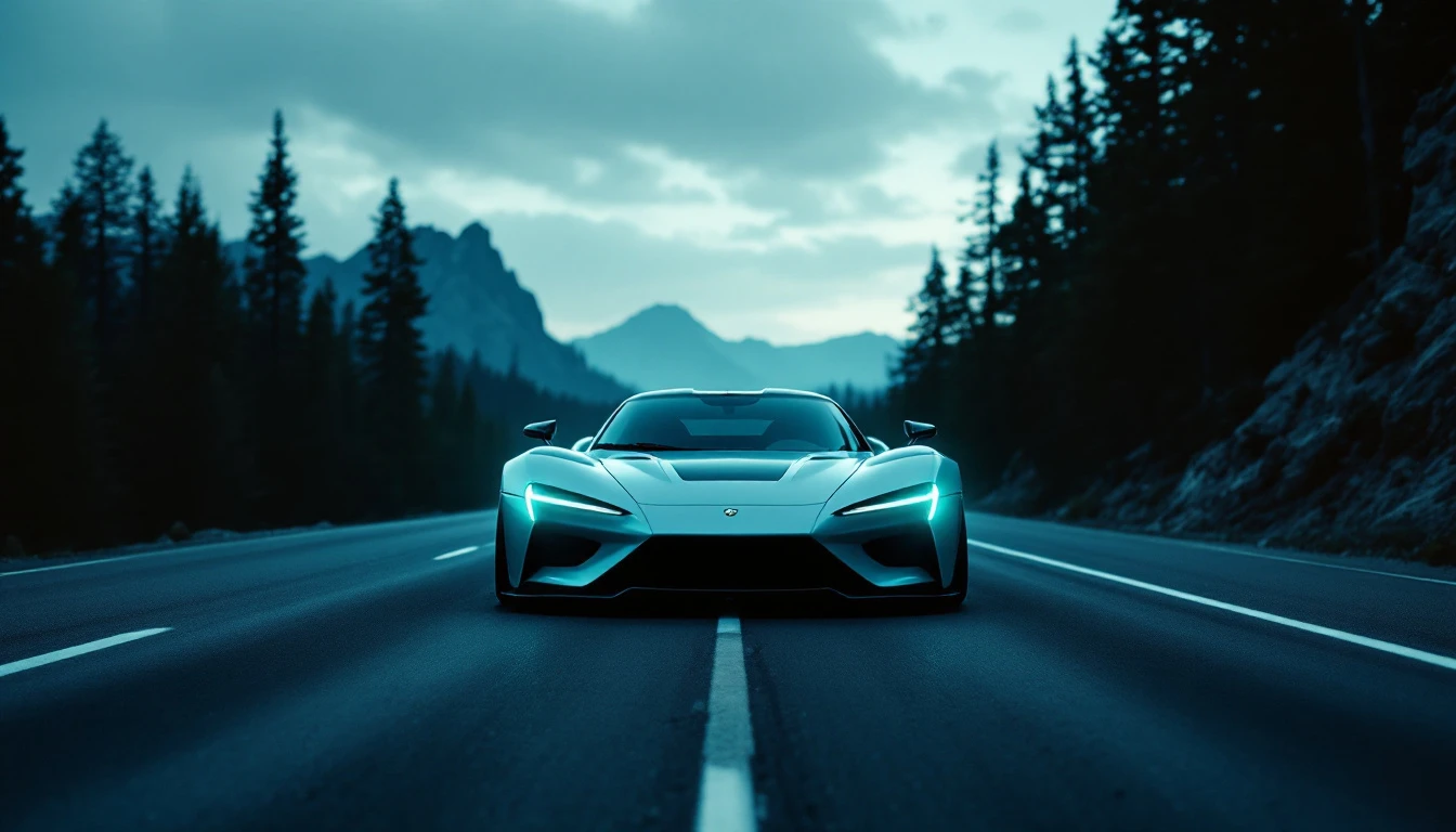 Elevated sports car driving on mountain highway road with forest scenery and blue lighting
