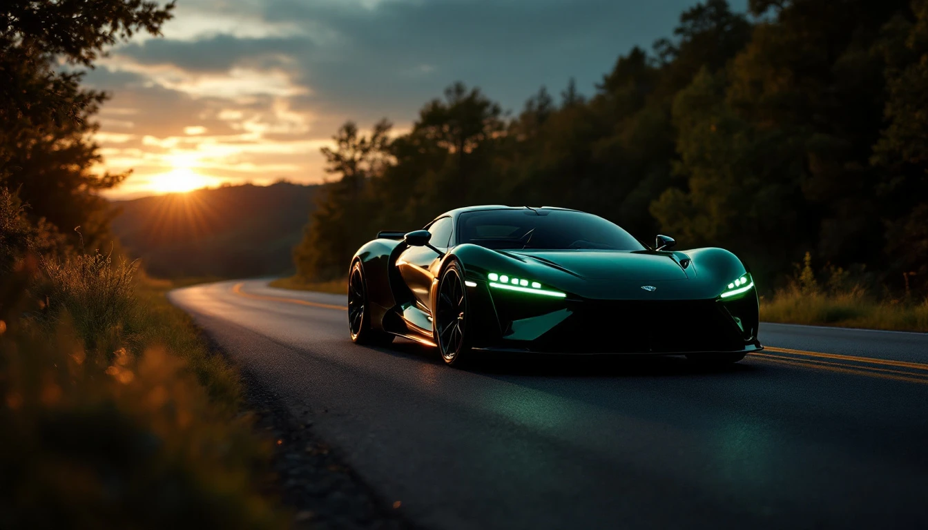 Elevated sports car driving on scenic mountain road at sunset, representing high-value vehicle purchase and sales tax
