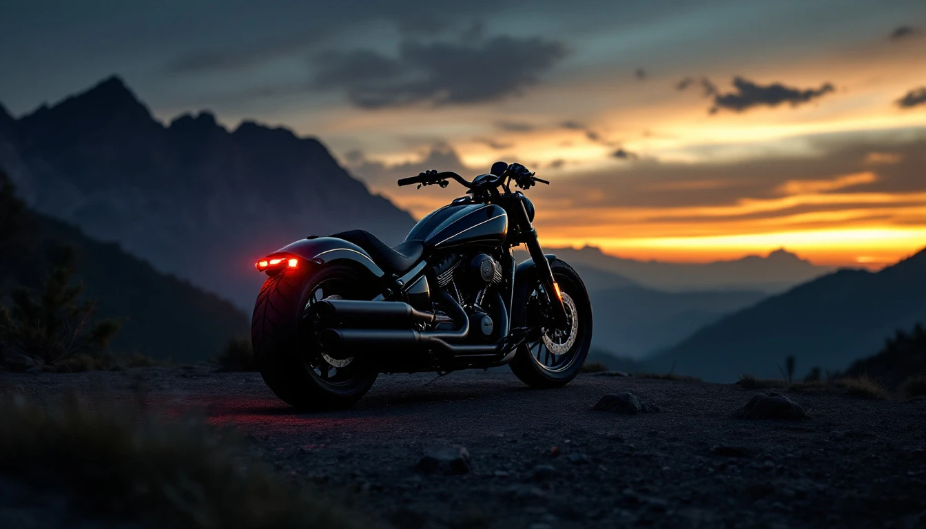 Motorcycle and sports car with illuminated headlights at dusk, Father's Day gift ideas for motorcycle riding dads