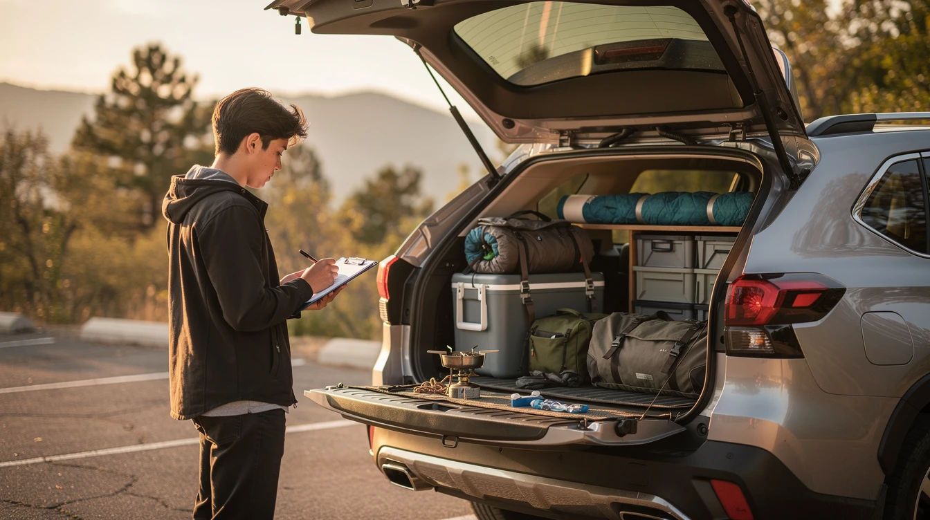 Young man checking camping gear and supplies organized in open car trunk before trip