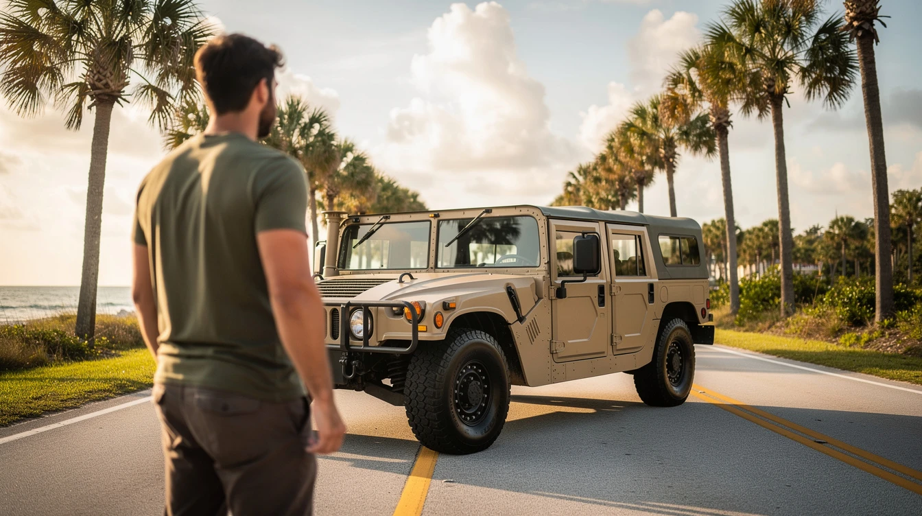 Man standing on Florida coastal road watching tan HMMWV military vehicle with palm trees