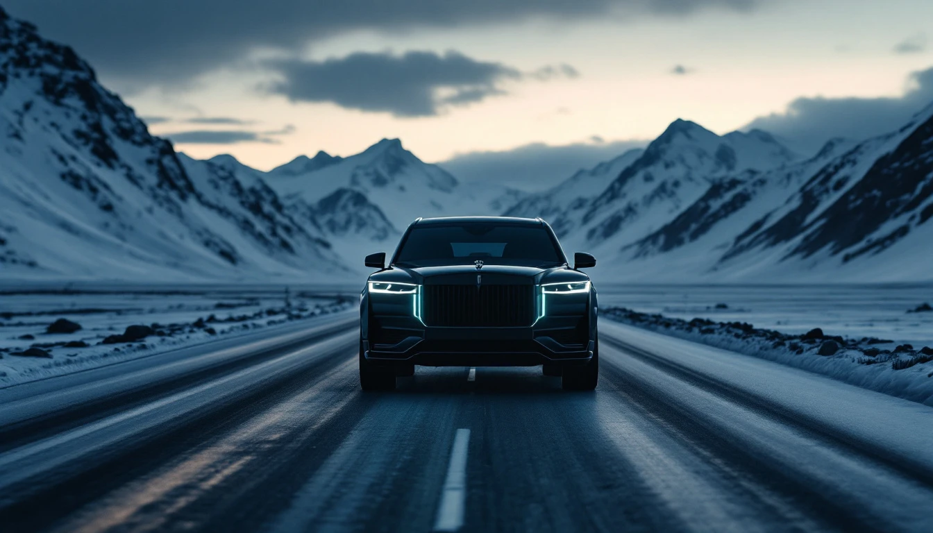 Elevated SUV driving on icy Alaskan highway through snowy mountains at dusk with headlights on